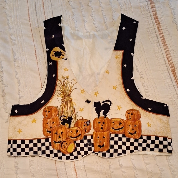 Handmade Jackets & Blazers - Handmade Custom Halloween Pumpkin and Cat Women's Vest
